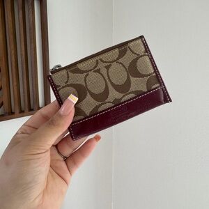 Coach Khaki Canvas Card Case with Burgundy Trim